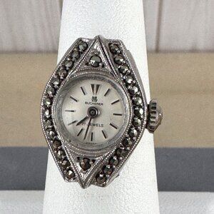 Vintage Swiss Made Bucherer .800 Silver Marcasite Ring Watch Mint Condition